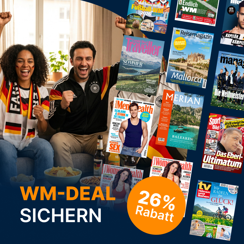 Jubelnde Fußballfans und Auswahl beliebter Magazine beim WM-Deal mit 26 Prozent Rabatt auf Zeitschriften-Abos